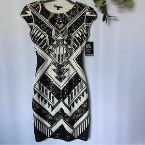 Express| Womens Dress | Black Cream  Gold | Sequin | XXS | New
